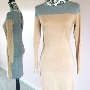 Beige Tan Gray Color Long Sleeve Sweater Drress